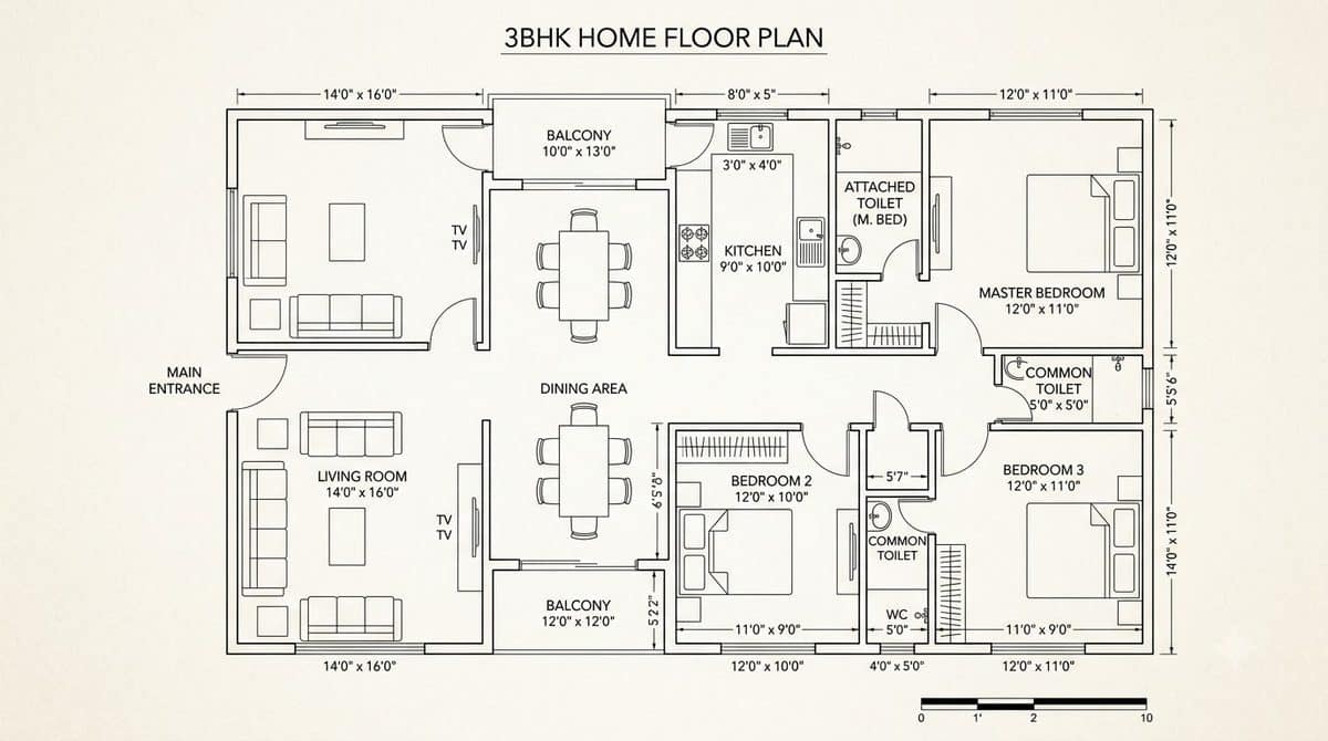 A top-down two-dimensional architectural floor plan of a three-bedroom Indian home, with labelled rooms and dimension lines drawn in fine black line work on warm off-white paper.