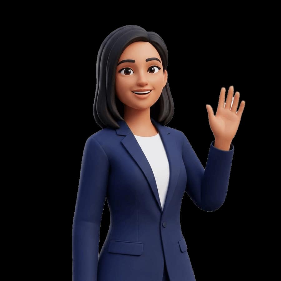 An illustrated three-dimensional character of Maya, the design assistant, wearing a navy blazer over a white top and waving one hand in greeting.