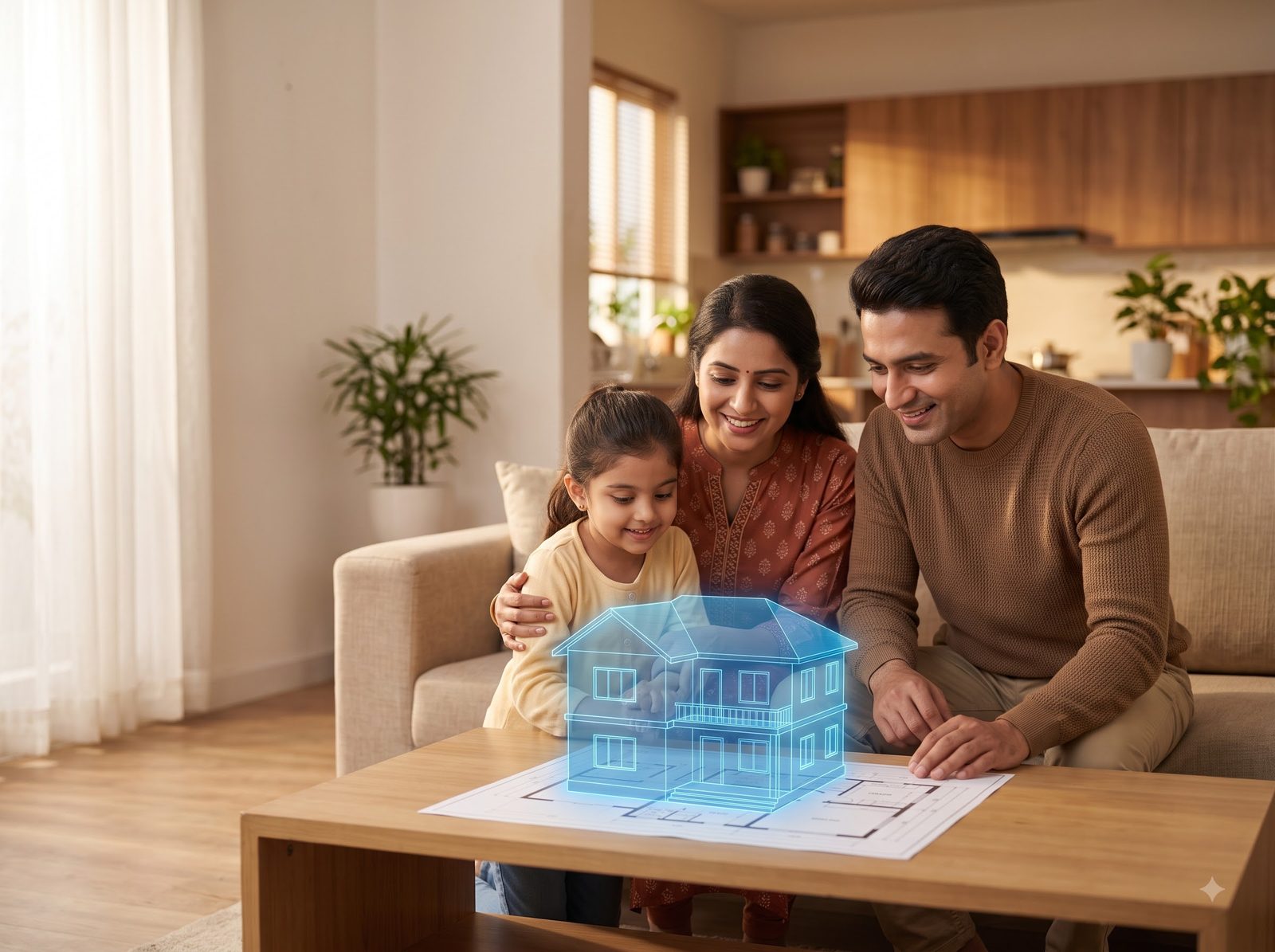 A mother, father and young daughter kneel at a low wooden coffee table in a sunlit living room, smiling at a glowing blue holographic model of a two-storey house that rises from the floor plan in front of them.