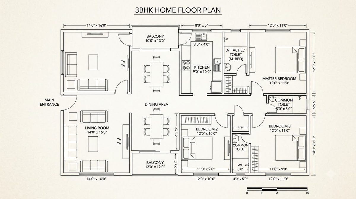 A top-down two-dimensional architectural floor plan of a three-bedroom Indian home, with labelled rooms and dimension lines drawn in fine black line work on warm off-white paper.