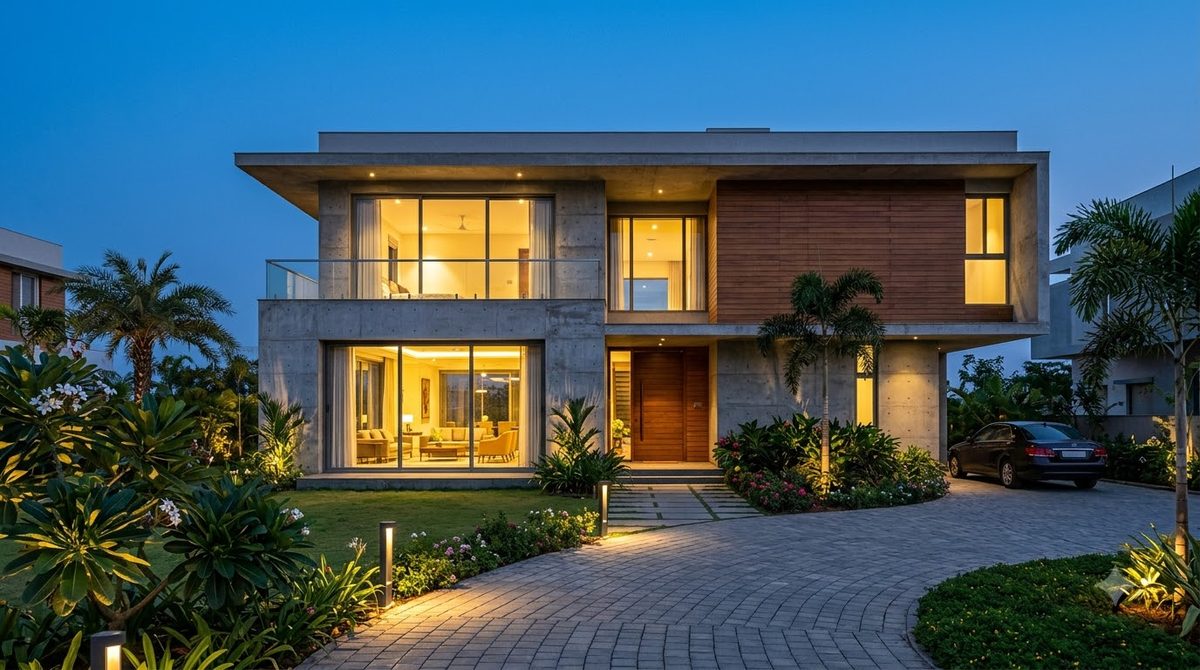 A contemporary two-storey Indian villa at dusk, its flat roof, wide glazing, exposed concrete and timber cladding set against a deep blue sky while warm light glows from every window.