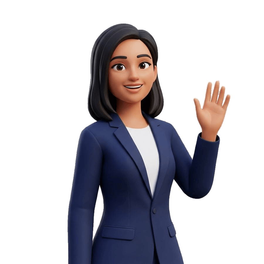 An illustrated three-dimensional character of Maya, the design assistant, wearing a navy blazer over a white top and waving one hand in greeting.